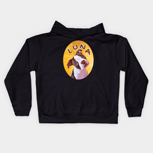 Luna Boston Terrier Face Tilted Cartoon Cameo Kids Hoodie by BubbleMench